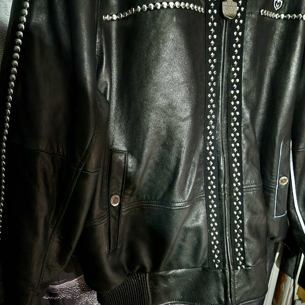 1 Of 1 Phat Farm Limited Edition Studded Premium Leather Coat Fur Lined 2X - Picture 4 of 14